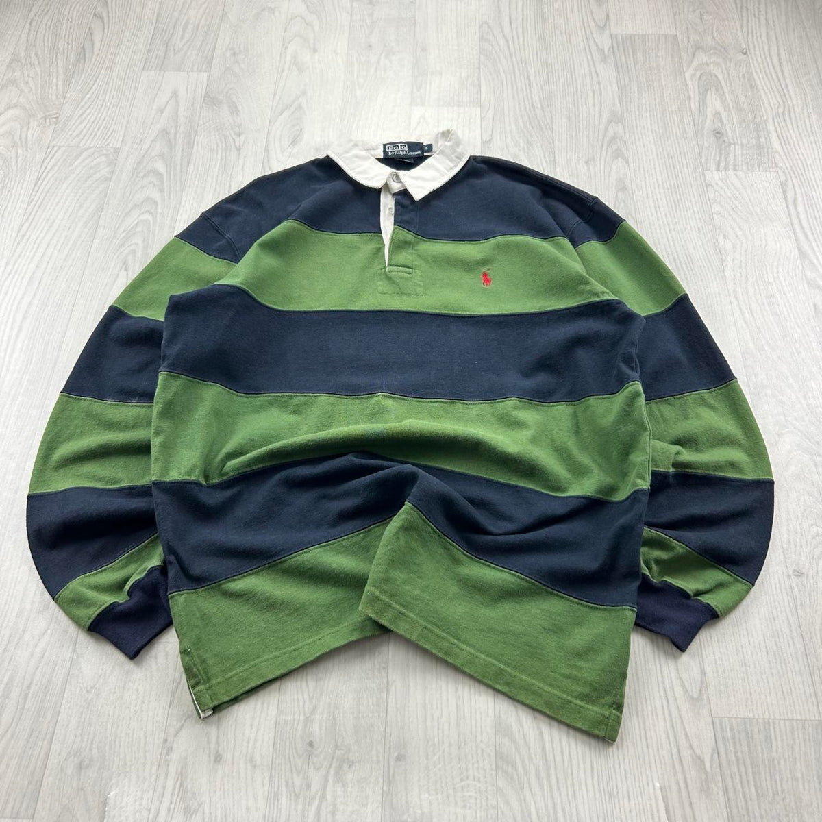 VINTAGE Y2K RALPH LAUREN STRIPED LONG SLEEVE RUGBY POLO SHIRT GREEN / NAVY