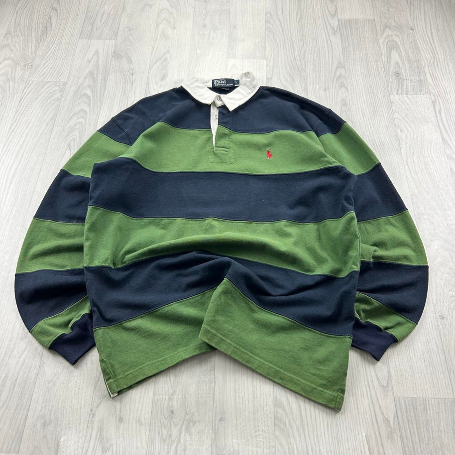 VINTAGE Y2K RALPH LAUREN STRIPED LONG SLEEVE RUGBY POLO SHIRT GREEN / NAVY