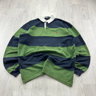 VINTAGE Y2K RALPH LAUREN STRIPED LONG SLEEVE RUGBY POLO SHIRT GREEN / NAVY