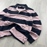 VINTAGE Y2K STRIPED LONG SLEEVE RUGBY POLO SHIRT PINK / NAVY