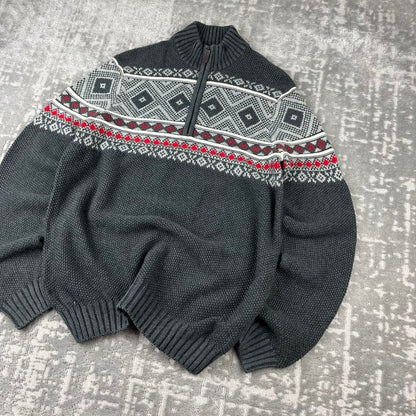 VINTAGE Y2K IZOD FESTIVE CHUNKY QUARTER ZIP KNITTED JUMPER GREY