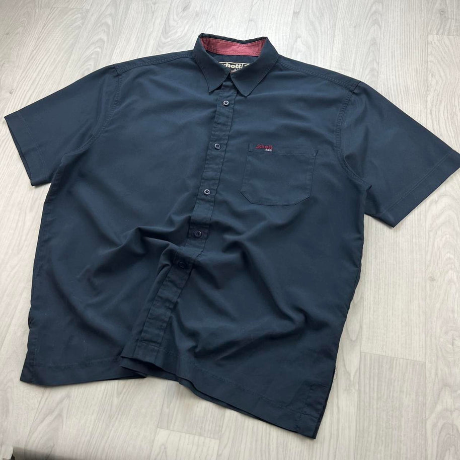 VINTAGE 00s SCHOTT PLAIN UTILITY SHORT SLEEVE BUTTON UP SHIRT NAVY