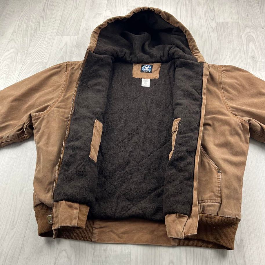 VINTAGE Y2K KEY FLEECE LINED HOODED WORKWEAR BOMBER JACKET BROWN