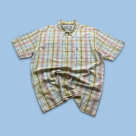 VINTAGE Y2K QUIKSILVER PLAID SHORT SLEEVE BUTTON UP SHIRT WHITE / YELLOW