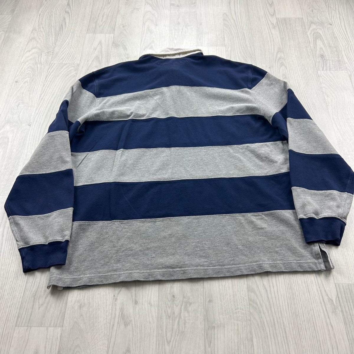 VINTAGE Y2K RALPH LAUREN STRIPED LONG SLEEVE RUGBY POLO SHIRT NAVY / GREY