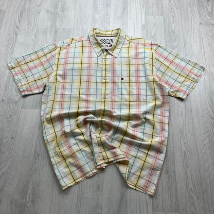 VINTAGE Y2K QUIKSILVER PLAID SHORT SLEEVE BUTTON UP SHIRT WHITE / YELLOW