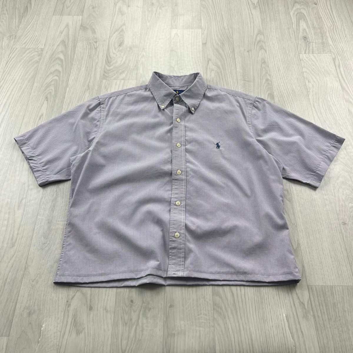 VINTAGE 00s RALPH LAUREN PLAIN CROPPED SHORT SLEEVE BUTTON UP SHIRT LILAC