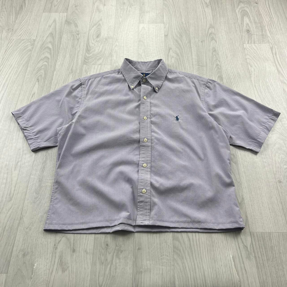 VINTAGE 00s RALPH LAUREN PLAIN CROPPED SHORT SLEEVE BUTTON UP SHIRT LILAC