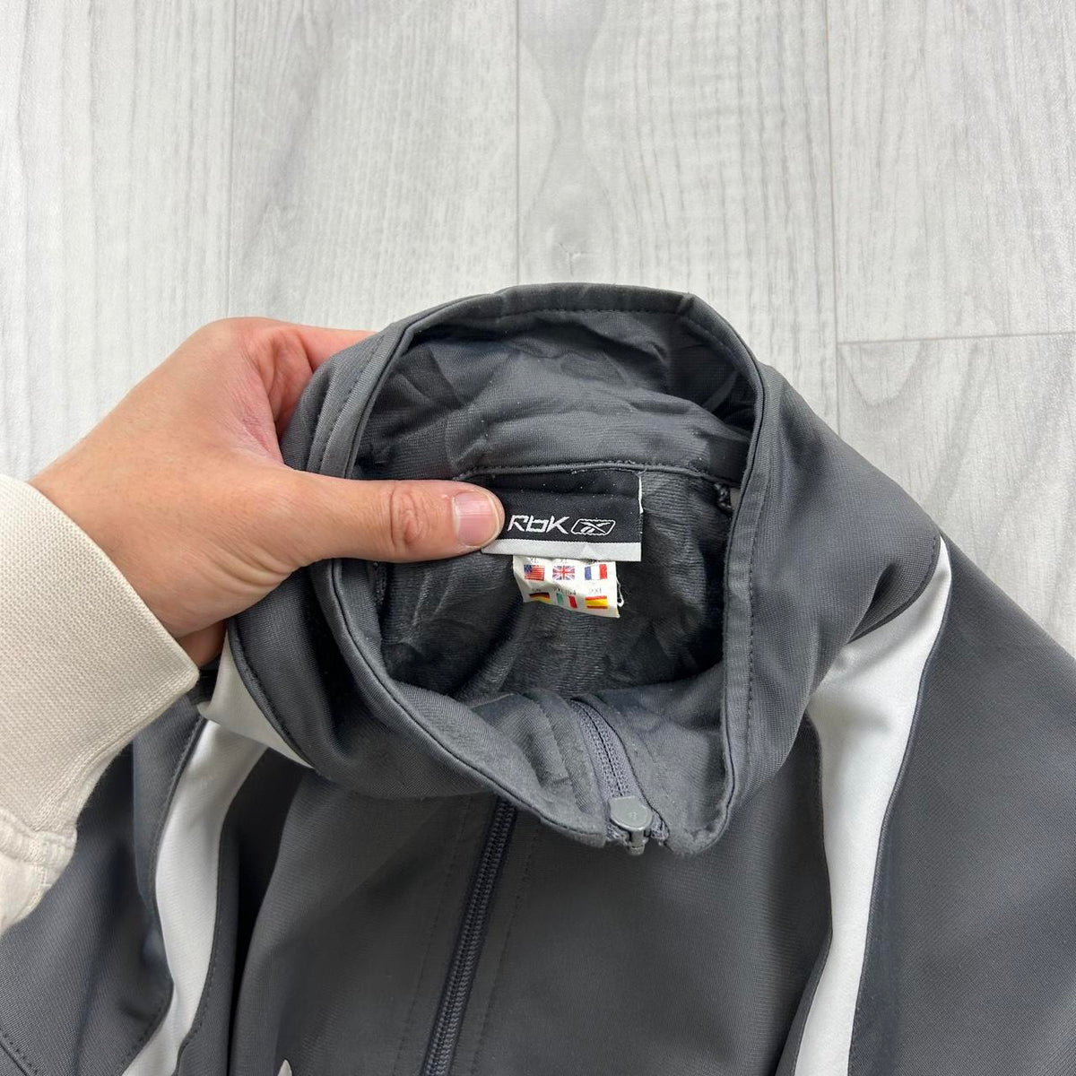 VINTAGE Y2K REEBOK SPELL OUT ZIP UP TRACK JACKET GREY
