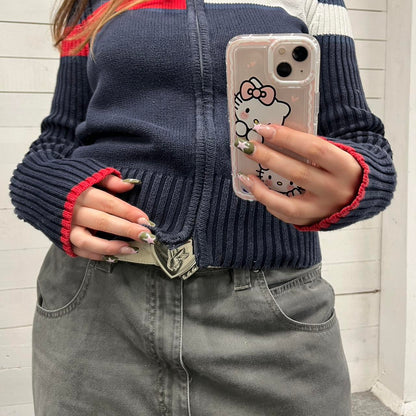 VINTAGE Y2K TOMMY HILFIGER CHUNKY ZIP KNITTED JUMPER NAVY