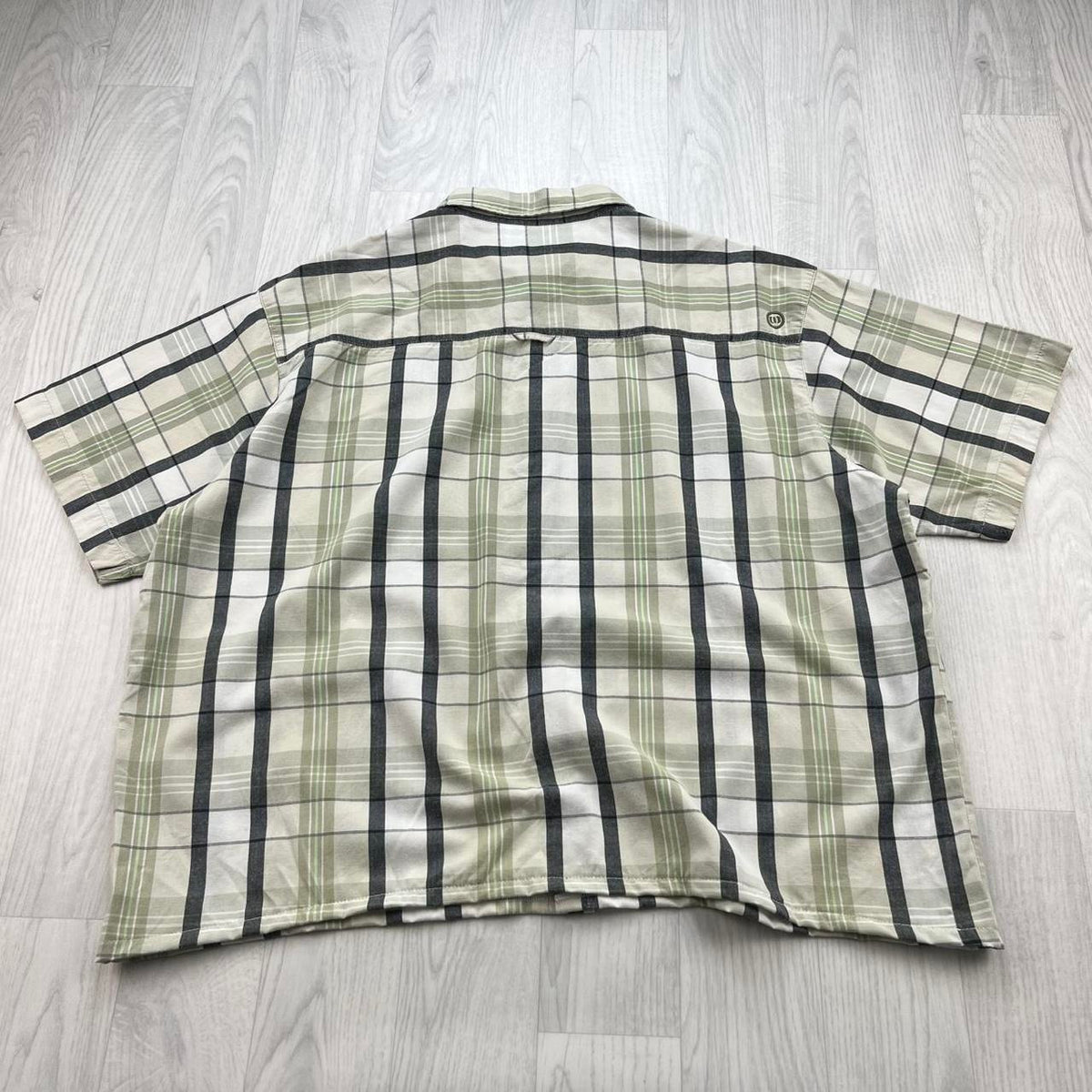 VINTAGE 00s ANIMAL CHECKERED CROPPED SHORT SLEEVE BUTTON UP SHIRT CREAM / GREEN