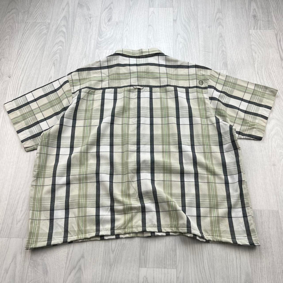 VINTAGE 00s ANIMAL CHECKERED CROPPED SHORT SLEEVE BUTTON UP SHIRT CREAM / GREEN