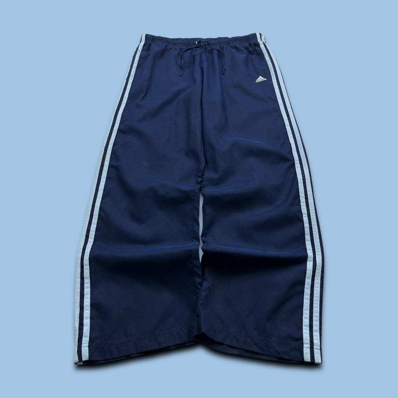 VINTAGE Y2K ADIDAS SIDE STRIPE BAGGY TRACKSUIT BOTTOMS NAVY BLUE (XL Ws)