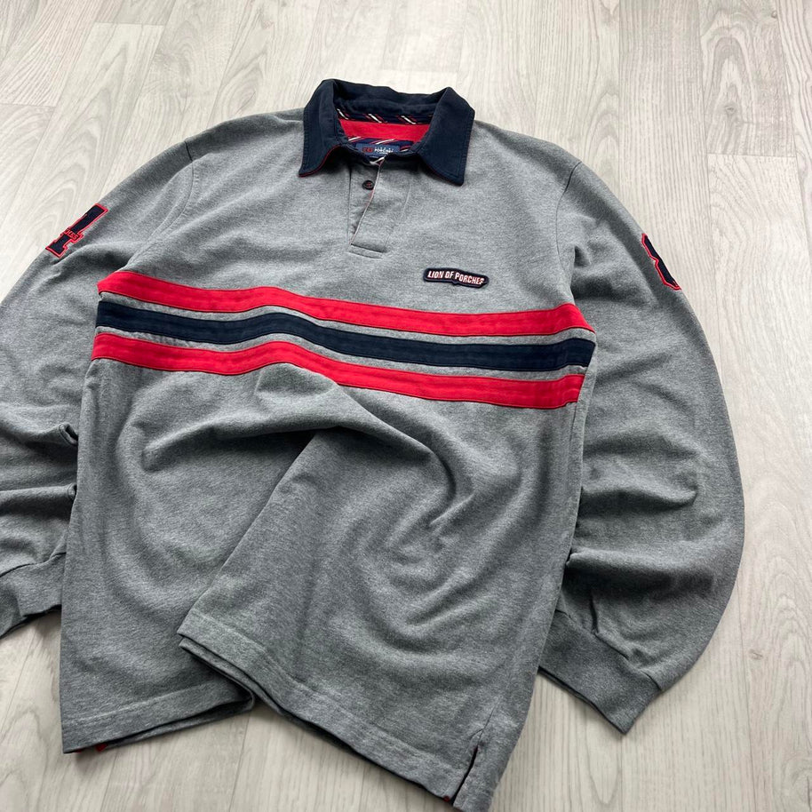 VINTAGE Y2K LION OF PORCHES STRIPED LONG SLEEVE RUGBY POLO SHIRT GREY