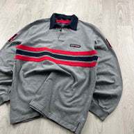 VINTAGE Y2K LION OF PORCHES STRIPED LONG SLEEVE RUGBY POLO SHIRT GREY