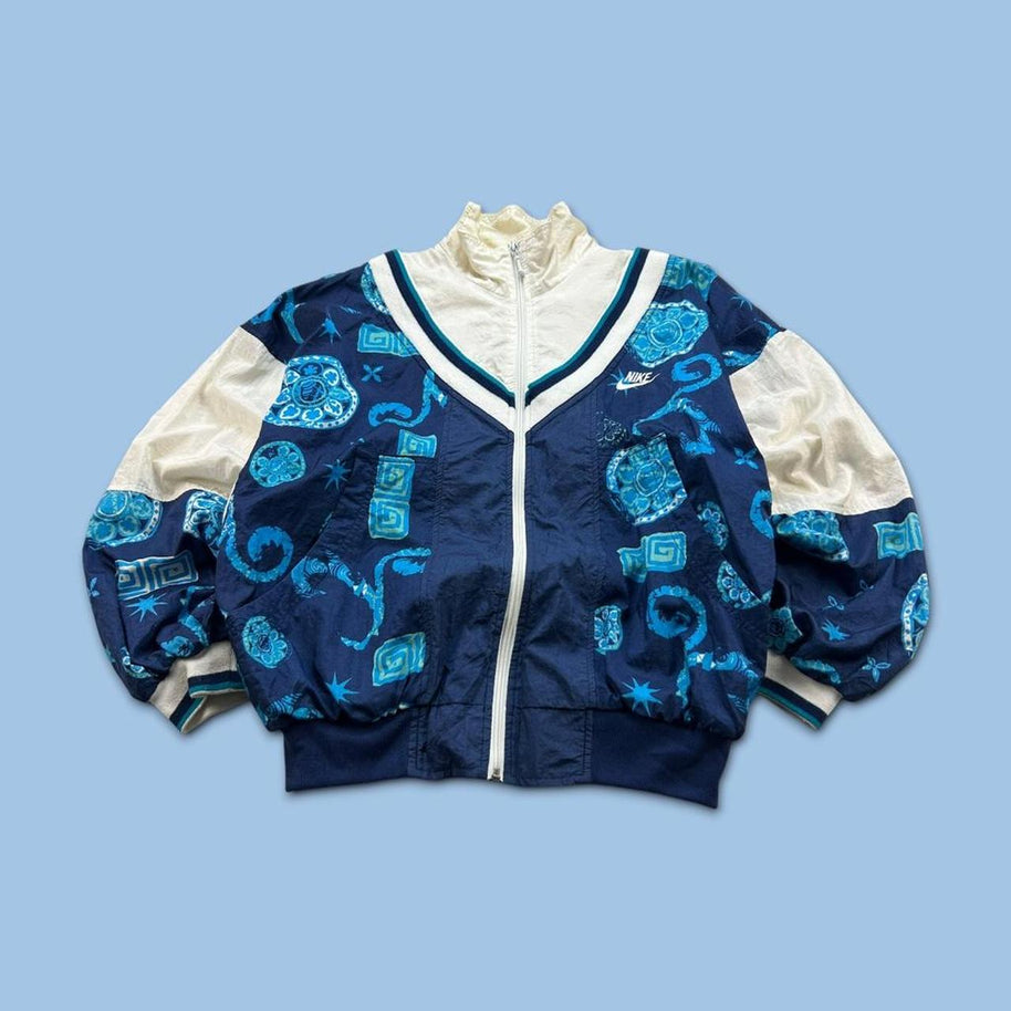 VINTAGE 90s NIKE FUNKY PATTERN SHELL WINDBREAKER JACKET NAVY / WHITE
