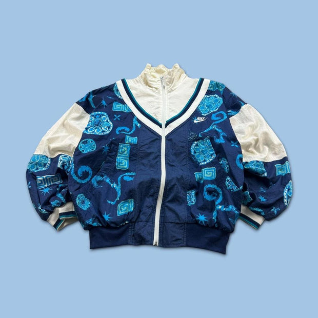 VINTAGE 90s NIKE FUNKY PATTERN SHELL WINDBREAKER JACKET NAVY / WHITE
