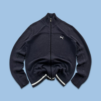 VINTAGE Y2K PUMA CHUNKY KNITTED ZIP JUMPER NAVY