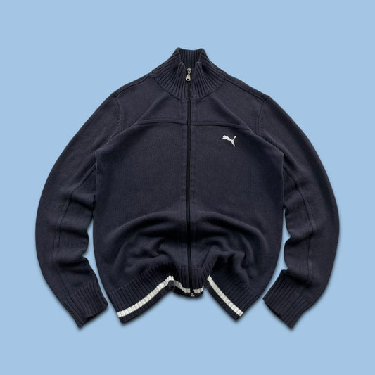 VINTAGE Y2K PUMA CHUNKY KNITTED ZIP JUMPER NAVY