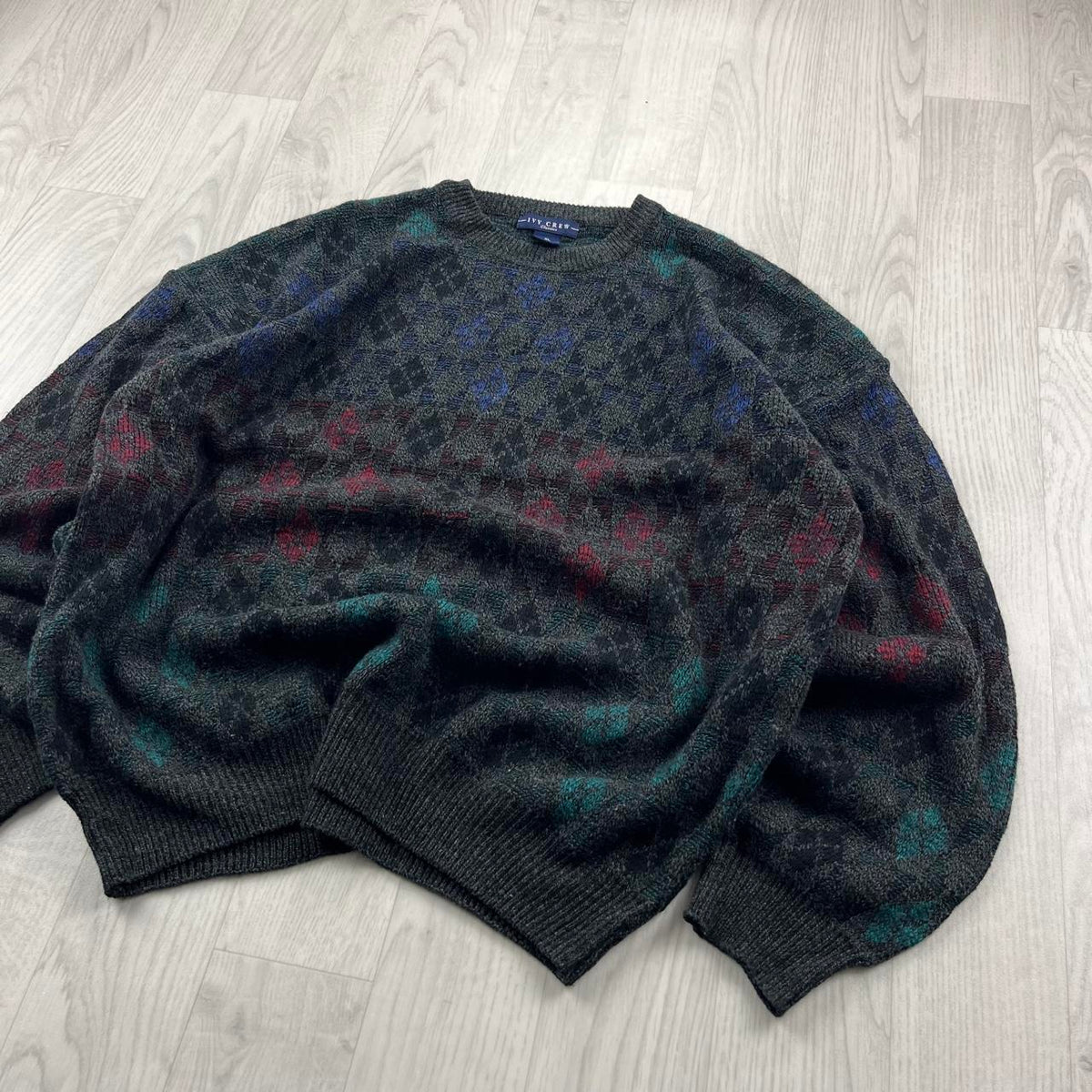 VINTAGE 90s PATTERN KNITTED JUMPER CHARCOAL GREY