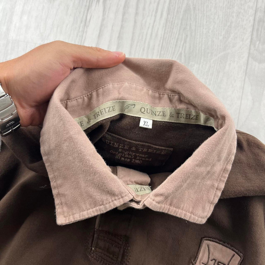 VINTAGE Y2K STRIPED LONG SLEEVE RUGBY POLO SHIRT BROWN