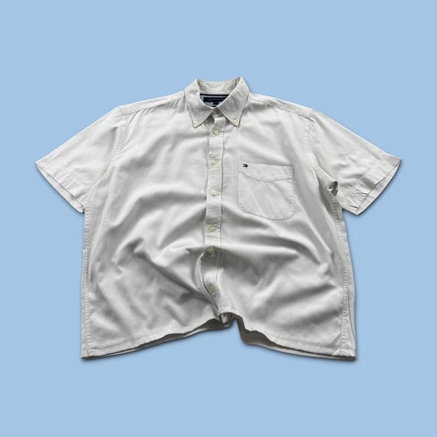 VINTAGE 00s TOMMY HILFIGER PLAIN CROPPED SHORT SLEEVE BUTTON UP SHIRT WHITE