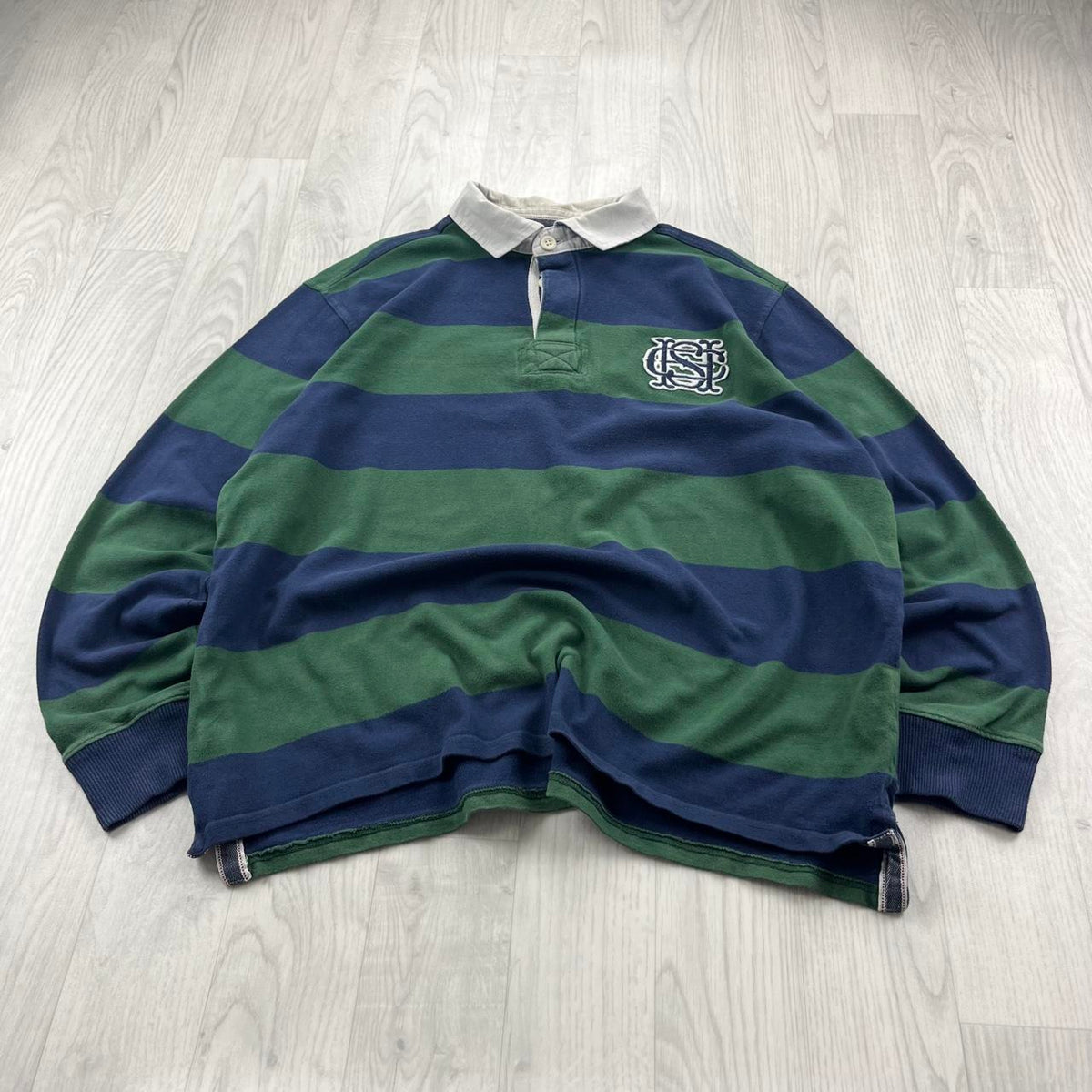 VINTAGE Y2K STRIPED LONG SLEEVE RUGBY POLO SHIRT GREEN / NAVY