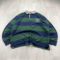 VINTAGE Y2K STRIPED LONG SLEEVE RUGBY POLO SHIRT GREEN / NAVY