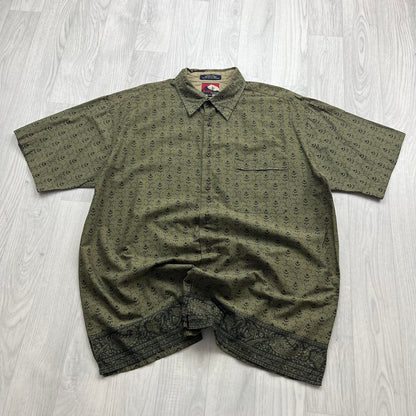 VINTAGE Y2K TOMMY HILFIGER PATTERN SHORT SLEEVE BUTTON UP SHIRT KHAKI