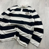 VINTAGE Y2K STRIPED LONG SLEEVE RUGBY POLO SHIRT BLACK / WHITE