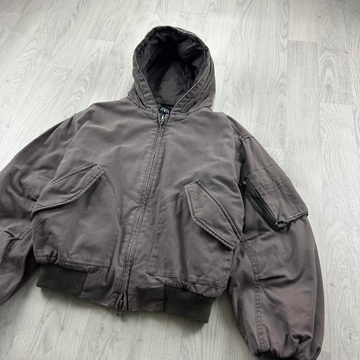 ZARA HOODED UTILITY BOMBER JACKET GREY