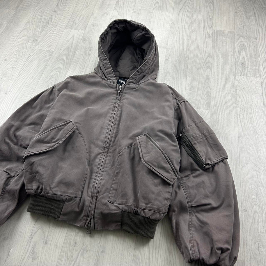 ZARA HOODED UTILITY BOMBER JACKET GREY