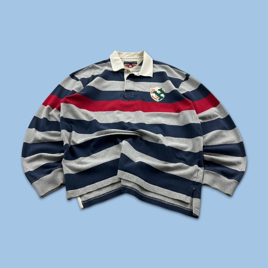 VINTAGE Y2K TOMMY HILFIGER STRIPED LONG SLEEVE RUGBY POLO SHIRT GREY / NAVY