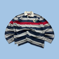 VINTAGE Y2K TOMMY HILFIGER STRIPED LONG SLEEVE RUGBY POLO SHIRT GREY / NAVY