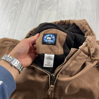 VINTAGE Y2K KEY FLEECE LINED HOODED WORKWEAR BOMBER JACKET BROWN
