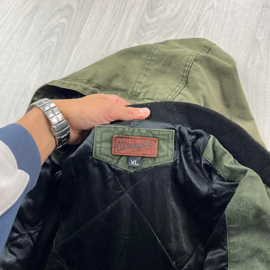 VINTAGE 90s WRANGLER HOODED WORKWEAR BOMBER JACKET MATCHA GREEN