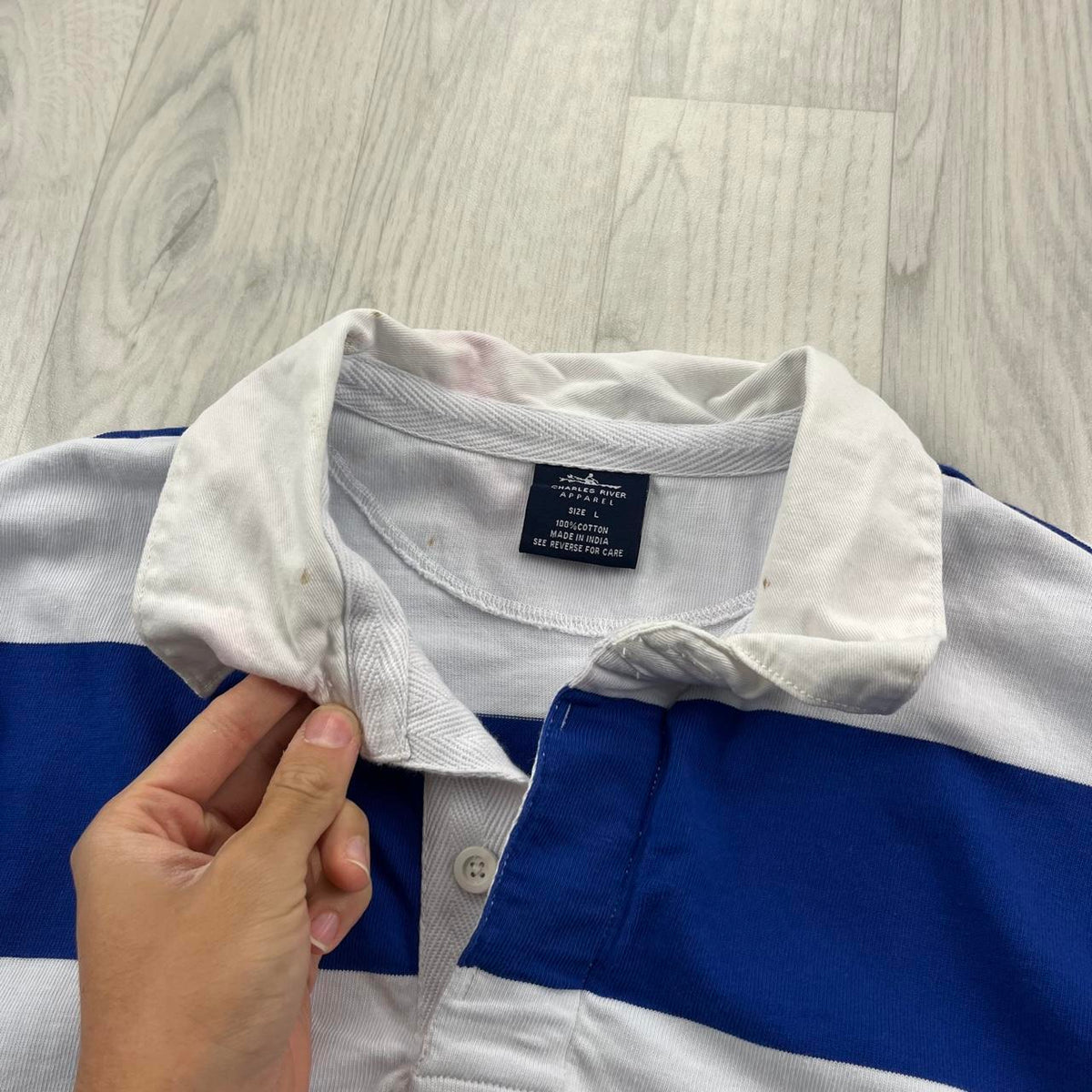 VINTAGE Y2K STRIPED LONG SLEEVE RUGBY POLO SHIRT WHITE / BLUE