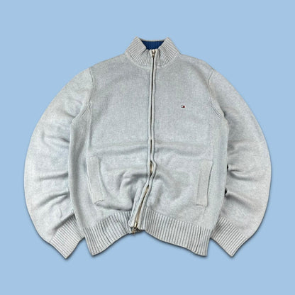 VINTAGE Y2K TOMMY HILFIGER ZIP UP KNITTED JUMPER LIGHT BLUE