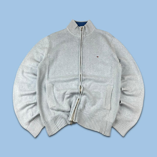 VINTAGE Y2K TOMMY HILFIGER ZIP UP KNITTED JUMPER LIGHT BLUE