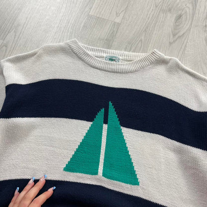 VINTAGE Y2K LACOSTE CHUNKY STRIPED KNITTED JUMPER WHITE NAVY