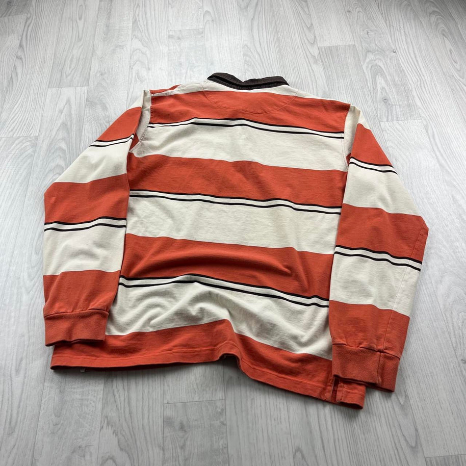 VINTAGE Y2K BARREDS STRIPED LONG SLEEVE RUGBY POLO SHIRT ORANGE