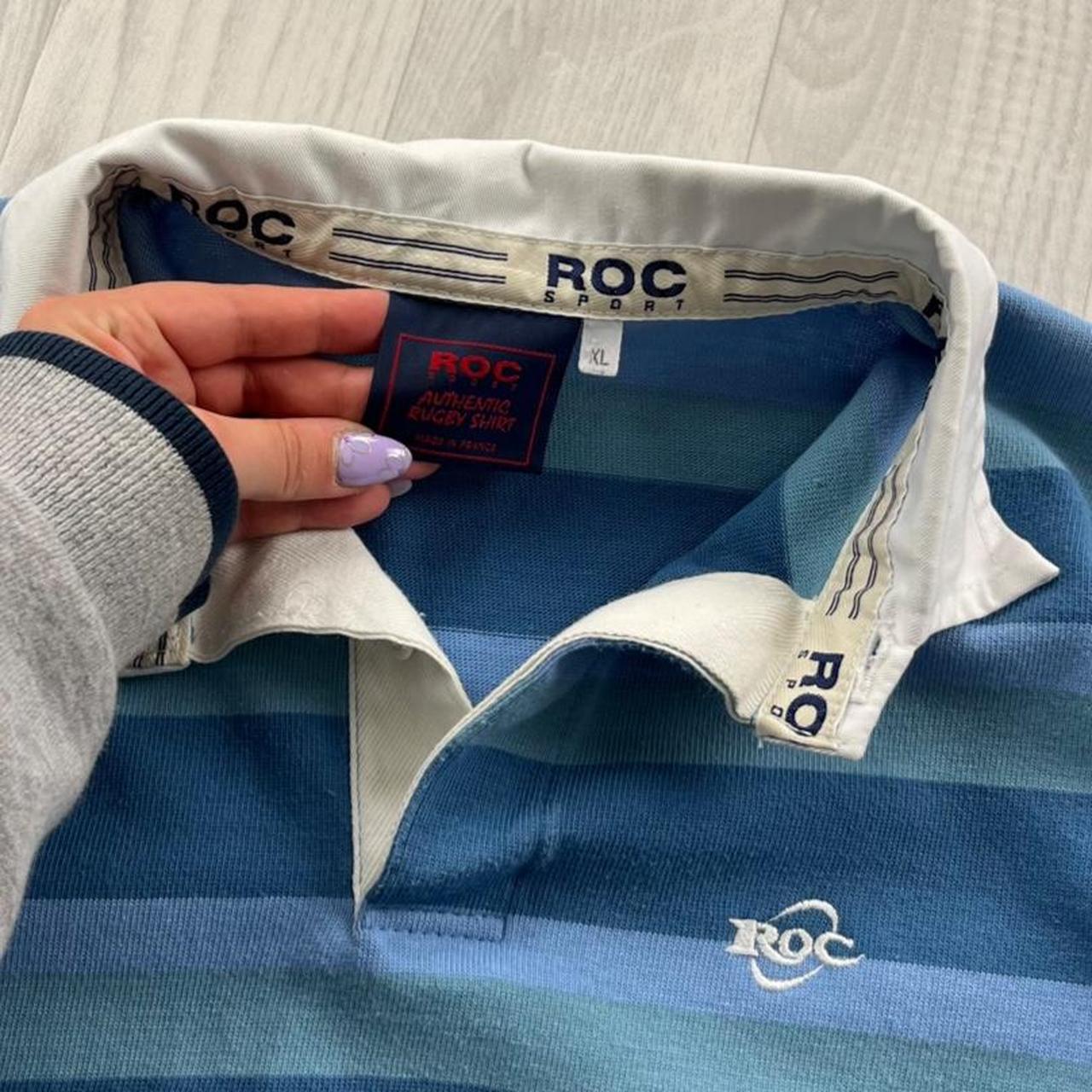 VINTAGE Y2K ROC STRIPED LONG SLEEVE RUGBY POLO SHIRT BLUE