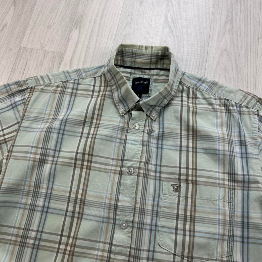 VINTAGE 00s JAMES PRINGLE CHECKERED SHORT SLEEVE BUTTON UP SHIRT LIGHT BLUE