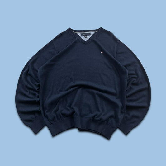 VINTAGE Y2K TOMMY HILFIGER V NECK KNITTED JUMPER NAVY (XL)