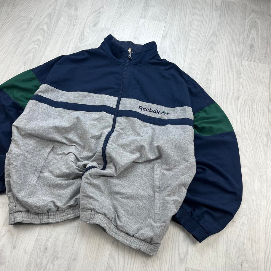 VINTAGE 90s REEBOK WINDBREAKER TRACK JACKET GREY / NAVY