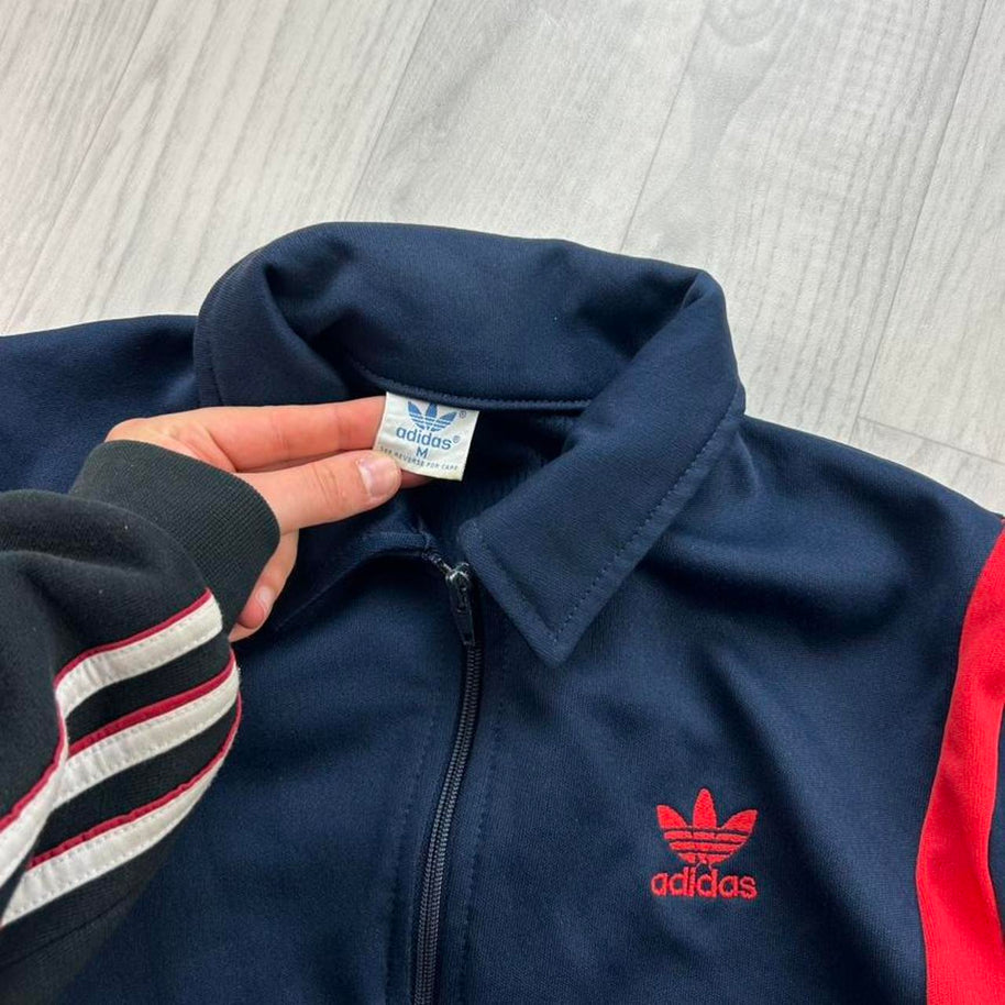 VINTAGE 80s ADIDAS ZIP UP TRACK JACKET NAVY / RED