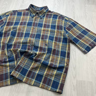 VINTAGE 00s CAMEL CHECKERED CROPPED SHORT SLEEVE BUTTON UP SHIRT NAVY