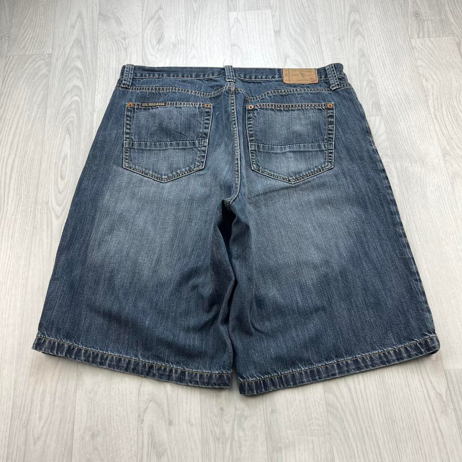 VINTAGE Y2K US POLO ASSN BAGGY DENIM JORTS NAVY BLUE