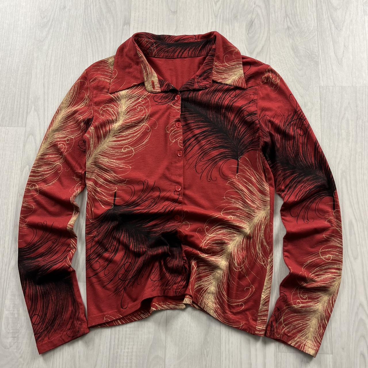 VINTAGE Y2K LONG SLEEVE BUTTON GRAPHIC SHIRT RED
