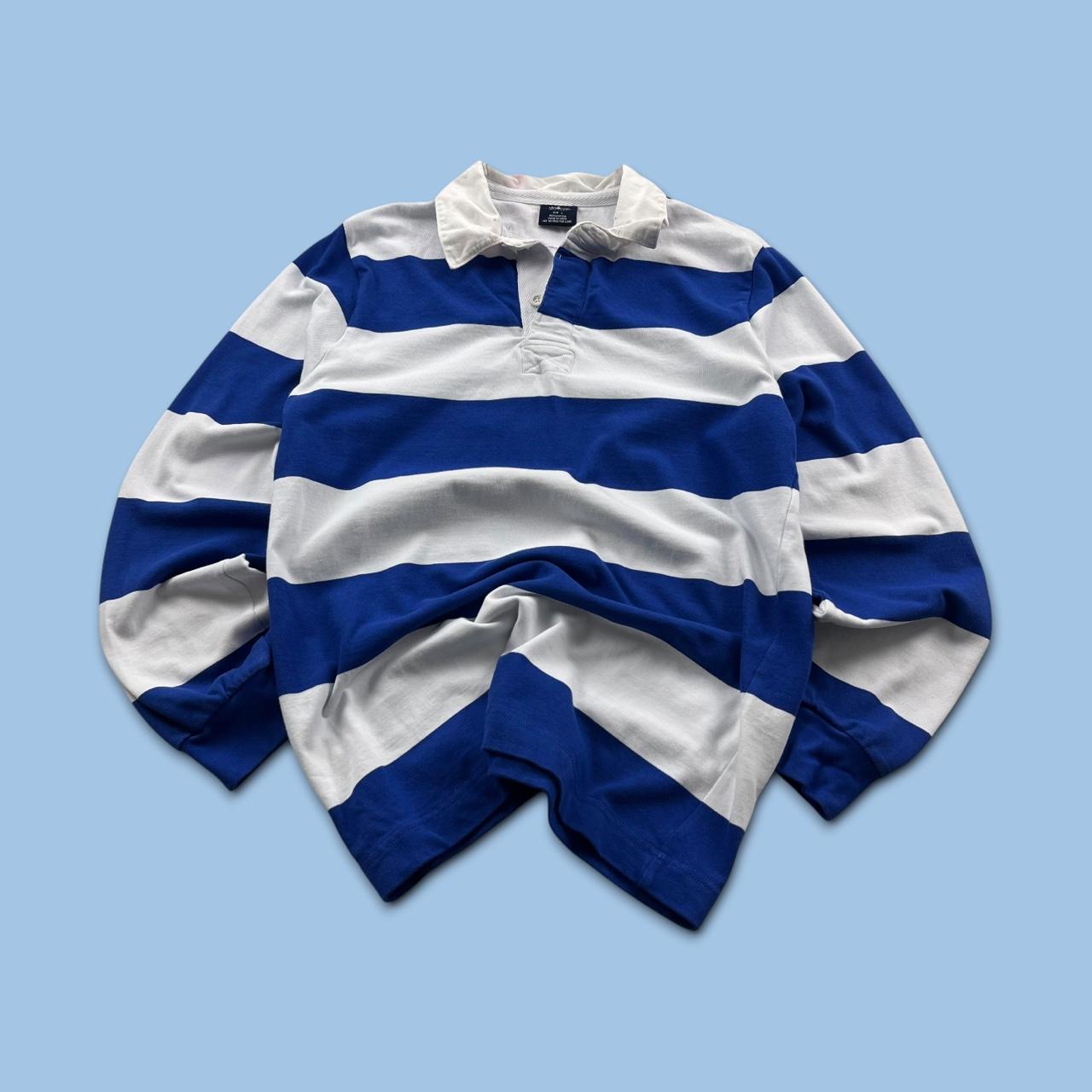 VINTAGE Y2K STRIPED LONG SLEEVE RUGBY POLO SHIRT WHITE / BLUE